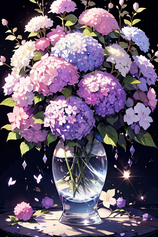 Bouquet of delicate flowers hyacinth, super transparent, Holy Light, beautiful spectral light, petals glow, flashes, Dark background, drops of transparent light, reflective light, Bright, light flowing in, optics, portrait profile, Sharp Focus, Magical, Convoluted, A hyper-realistic, Fantasy, Composition, light, Trending in art stations, pearls, Silver vapor Patronus cloud, Family of corrosive enveloping rays, 8K, urea air 23V4 upright