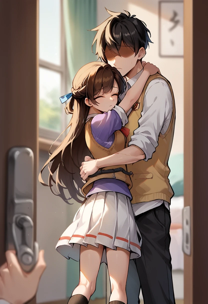 score_9, score_8_up, score_7_up, source anime, pov doorway, doorway, pov, walk-in, brown hair, 1boy, tracen school uniform, 1girl, long hair, school uniform, hug, faceless, faceless male, white skirt, shirt, summer uniform, blurry, skirt, window, indoors, very long hair, ear ornament, braid, socks, black pants, shoes, vest, short hair, hetero, purple shirt, black hair, pants, short sleeves, half updo, brown footwear, depth of field, sleeves rolled up, blurry background, blurry foreground, curtains, 