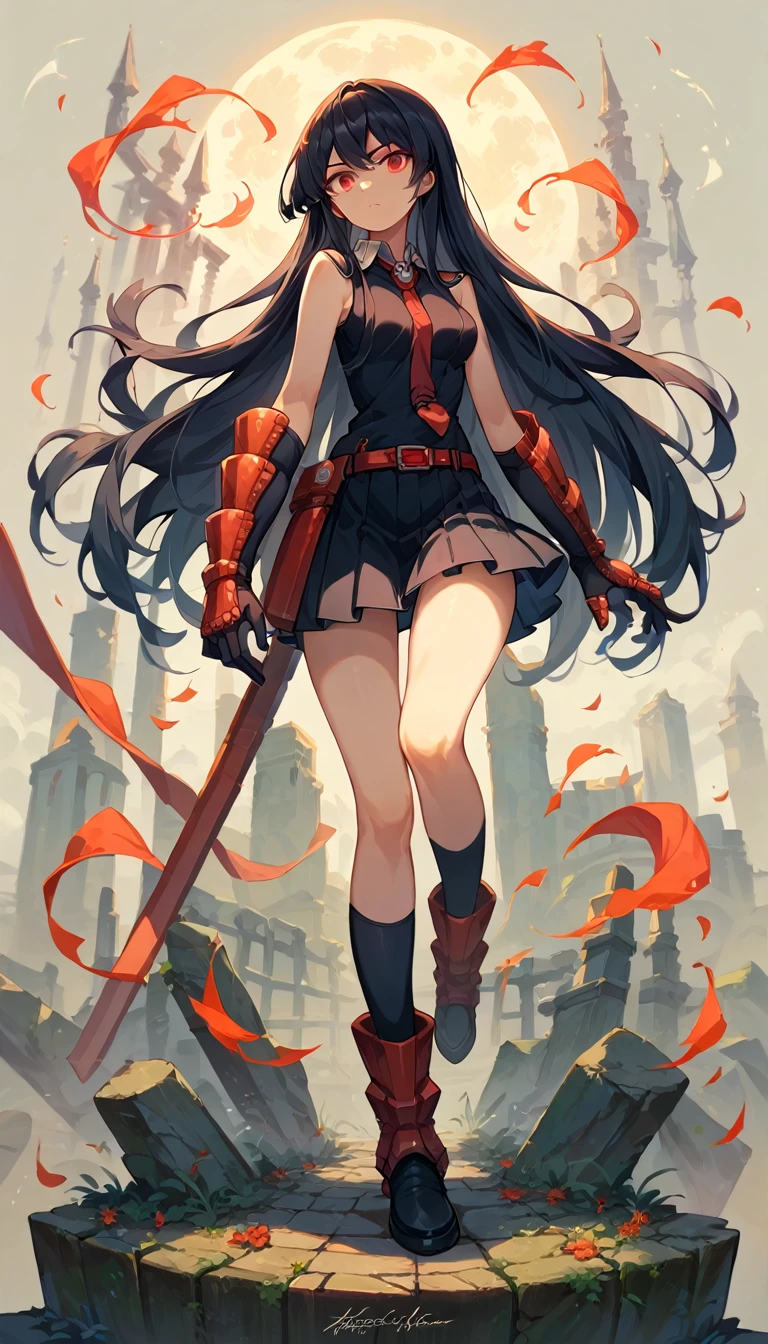 1girl,solo,full body Master piece, best quality,red eyes, long hair, black hair, black dress, sleeveless, pleated skirt, black shirt, necktie, gauntlets, red belt,looking at me, background streets night time