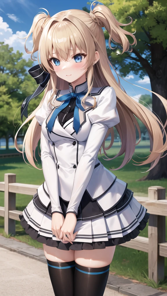 masterpiece, best quality, highres, 1girl, solo, long hair, blonde hair, two side up, (hair ribbon:1.1), blue eyes, neck ribbon, school uniform, white jacket, juliet sleeves, long sleeves, white skirt, thigh ribbon, black thighhighs, outdoors, cowboy shot, standing,