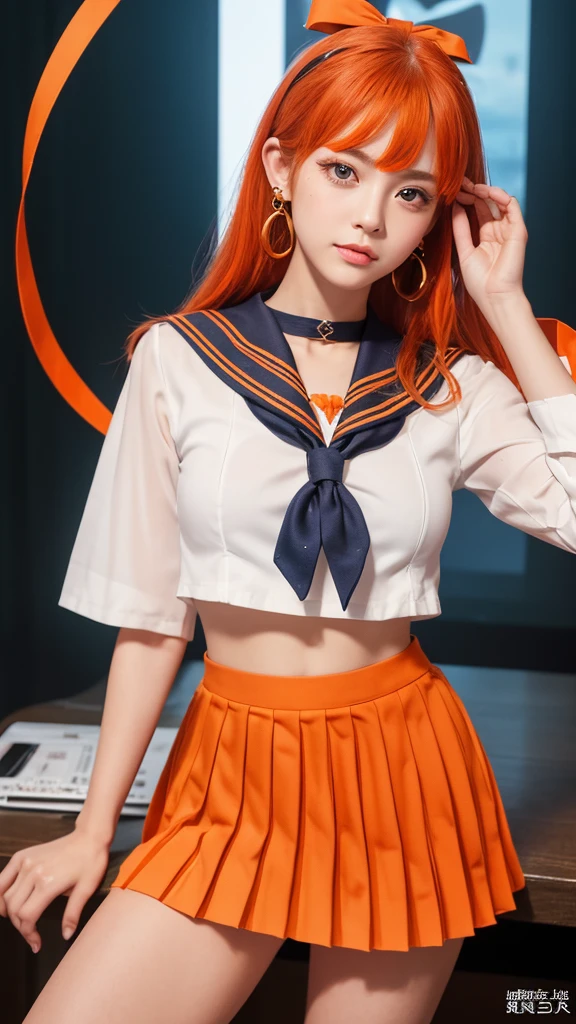 Product quality,1 girl,Cowboy Shot,(Thigh Emphasis:1.4),(Young and beautiful Japanese woman,Perfect Anatomy),Cosplayer,(Sailor Warrior Uniform),(outside,Venus,Starry Sky:1.4),Sit at a desk,smile,((Orange sailor collar)),(Red hair ribbon:1.3),Deep waistline,((Orange ultra short pleated mini skirt:1.5)),(Skirt flip:1.3),(White panties:1.3),Tiara, orange choker,White gloves,jewelry,Earrings,Very beautiful face,Cute type,(A little round face),Baby Face,Glossy lips,Beautiful big eyes,blue eyes,Double eyelids visible in both eyes,(Natural Makeup),Shiny, smooth, long golden hair,,,,Asymmetrical bangs,Floating Hair Nova Frog Style,【Imaging Center,8k resolution,Attention to detail,Detailed hairstyle,Detailed face,Cinema Lighting,Octane Rendering,Ultra-realistic,Perfect body,Beautiful legs,Voluptuous thighs,Huge breasts,Perfect Anatomy,Spread your legs,(Sailor Warrior Pose:1.3)