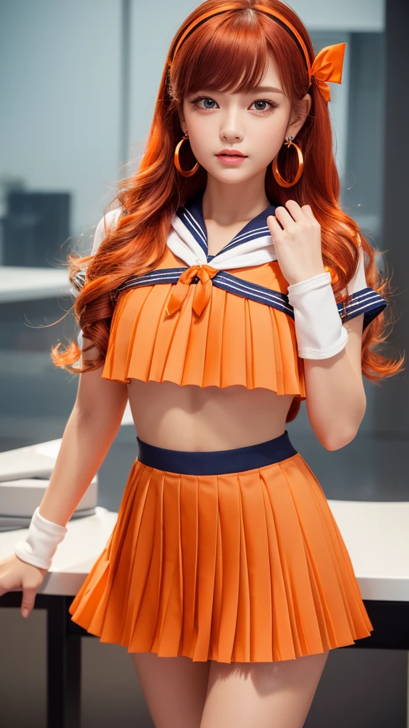 Product quality,1 girl,Cowboy Shot,(Thigh Emphasis:1.4),(Young and beautiful Japanese woman,Perfect Anatomy),Cosplayer,(Sailor Warrior Uniform),(outside,Venus,Starry Sky:1.4),Sit at a desk,smile,((Orange sailor collar)),(Red hair ribbon:1.3),Deep waistline,((Orange ultra short pleated mini skirt:1.5)),(Skirt flip:1.3),(White panties:1.3),Tiara, orange choker,White gloves,jewelry,Earrings,Very beautiful face,Cute type,(A little round face),Baby Face,Glossy lips,Beautiful big eyes,blue eyes,Double eyelids visible in both eyes,(Natural Makeup),Shiny, smooth, long golden hair,,,,Asymmetrical bangs,Floating Hair Nova Frog Style,【Imaging Center,8k resolution,Attention to detail,Detailed hairstyle,Detailed face,Cinema Lighting,Octane Rendering,Ultra-realistic,Perfect body,Beautiful legs,Voluptuous thighs,Huge breasts,Perfect Anatomy,Spread your legs,(Sailor Warrior Pose:1.3)