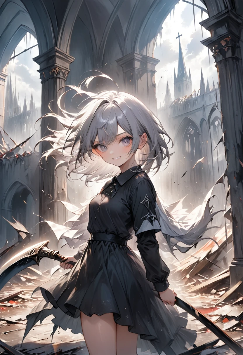 (masterpiece, best quality, vivid colors, sharp contrast, dynamic lighting) A close-up of a silver-haired girl standing in the center of a ruined church, holding a scythe. Her face shows a dangerous, twisted smile as dark clouds gather outside. The wind blows through the broken windows, scattering debris around her, adding a sense of chaotic motion. The vivid silver theme stands out sharply against the dark, gloomy environment, creating a tense and foreboding atmosphere.