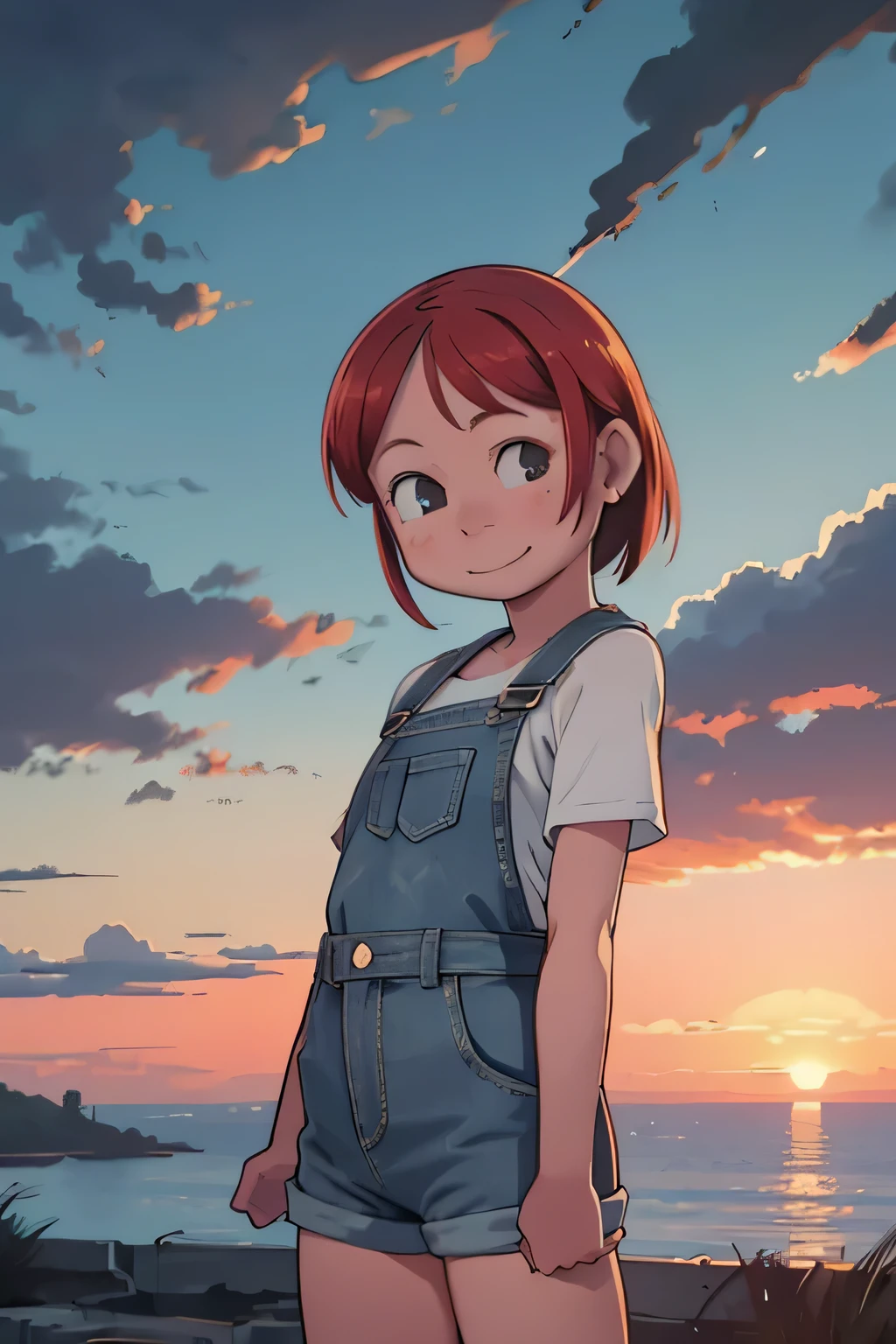 Redhead Girl, freckles on the face, with a short denim jumpsuit showing her legs, behind a sunset landscape on a site, thin waist, big hips, brunda grandre, smiling with an expression of joy