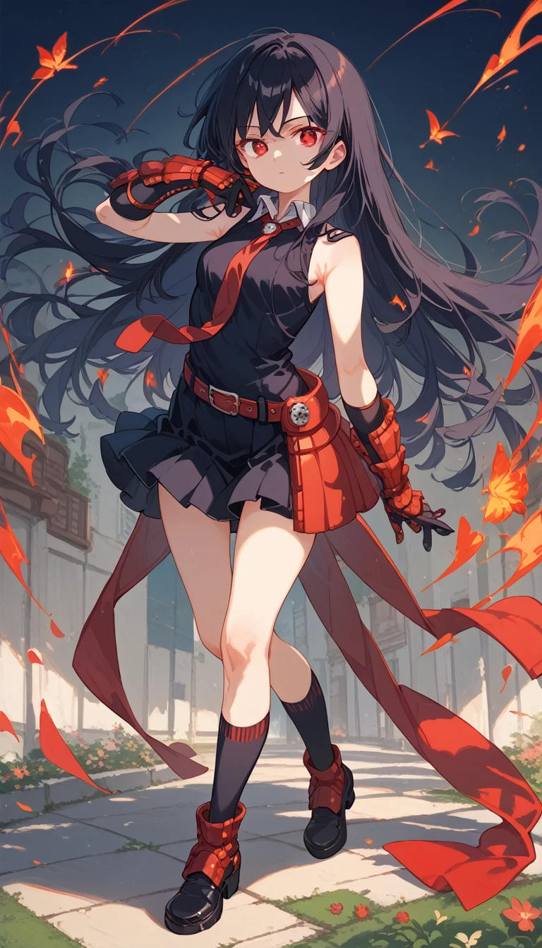 1girl,solo,full body Master piece, best quality,red eyes, long hair, black hair, black dress, sleeveless, pleated skirt, black shirt, necktie, gauntlets, red belt,looking at me, background streets night time