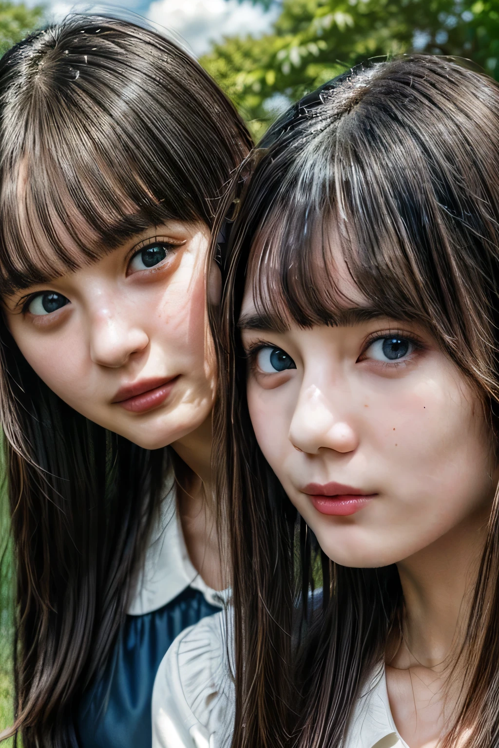 (realistic, photo-realistic:1.37), (best quality, masterpiece:1.2), RAW photo, high resolution, intricate details, extremely detailed, sharp focus, ((portrait,face focus, frontal photography)), looking at the viewer, (couple, 2girls:1.8), Japanese young women, (2girls sitting on a ground, nearby:1.2), (blouse,skirt:1.2), dark hair, (straight hair, blunt bangs:1.3), (flat chest:1.5), (detailed face, beautiful detailed eyes, beautiful dark brown pupils, sophisticated nose), pale skin, fine-textured skin,, photo background, outdoors, large park, blue sky and clouds,,