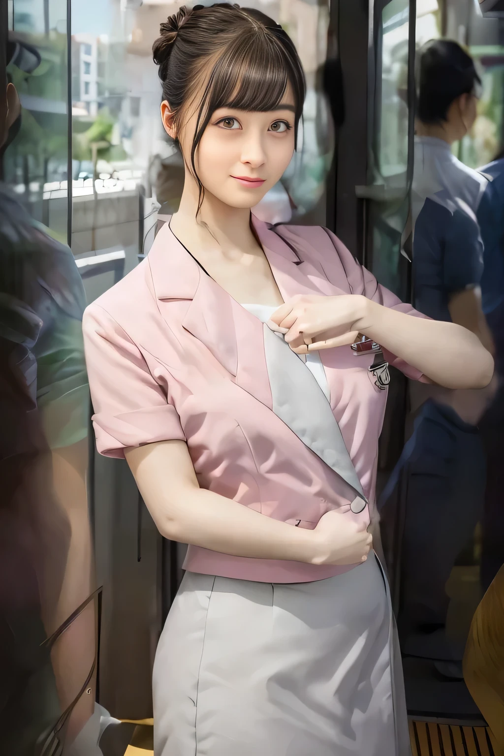 (masterpiece:1.2, Best Quality:1.2), 32kHDR, High resolution, (Alone、1 girl)、（Rooftop of a building during the day、Professional Lighting）、Building rooftop background、（Nankai train crew uniform pinkを着たリアルスタイル）、（Nankai Electric Railway crew uniform, pink, Short sleeve, Collarless, pink jacket、Nankai Electric Railway crew uniform pink no-collar short-sleeve blouse、Nankai Electric Railway crew uniform pink grey knee-length culottes）、（（The bottom of the pink short-sleeved jacket cannot be tucked into the clay-colored culottes..））、Dark Brown Hair、（Hair tied up、Hair Bun、Hair Bun）、Dark Brown Hair、Long Hit、Big Breasts、Thin legs、（（Great hands：2.0）），（（Harmonious body proportions：1.5）），（（Normal limbs：2.0）），（（Normal finger：2.0）），（（Delicate eyes：2.0）），（（Normal eyes：2.0））)、smile、（Nankai Electric Railway crew uniform pink grey knee-length culottesを見せた美しい立ち姿） 、Hands clasped underneath