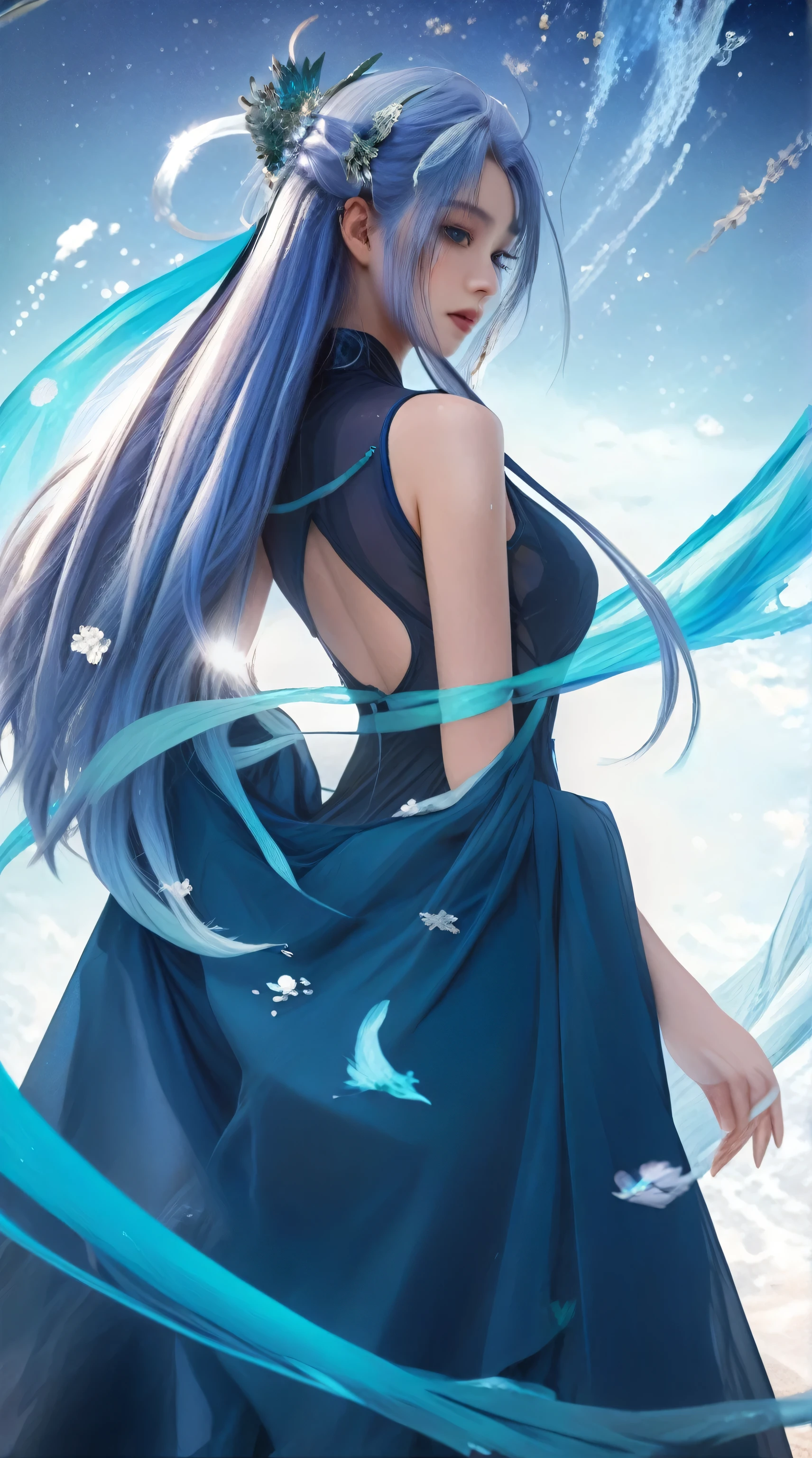 (Masterpiece, Top Quality, Best Quality, Watercolor (Medium), Official Art, Beautiful and Aesthetic: 1.2), (1 Girl: 1.3), (Fractal Art: 1.3), Upper Body, From the Side, Looking at the Viewer, Pattern, (Iridescent Hair, Colorful Hair, Half Blue and Half Pink Hair: 1.2), Water, Liquid, Clouds, Colorful, Starry Sky, Stars, Tsundere