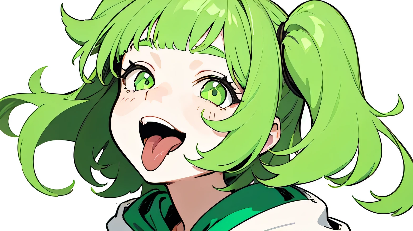 Anime Screenshot, chubby, milf, shy, pudgy face, large round eyes, dark green hair, ponytail, sweater, peace signs, sticking tongue out of mouth, sweating, nervous smile, slightly open mouth, huffing breath