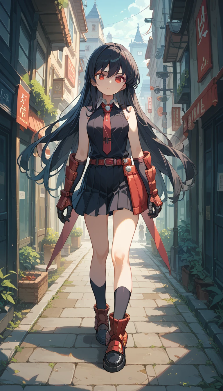 1girl,solo,full body Master piece, best quality,red eyes, long hair, black hair, black dress, sleeveless, pleated skirt, black shirt, necktie, gauntlets, red belt,looking at me, background streets night time