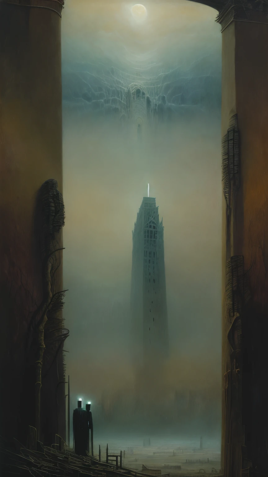 A lonely figure, looking back at a city swallowed by the desert, surreal and gloomy, por zdzislaw beksinski, hurricane, , Fractured landscapes,Fog or mist,Candles extinguished, siniestro,Obsessive,de pesadilla, (Simultaneous contrast:1.1), (Symmetry:1.1), (tenebrismo:1.1), (Reflected light:1.2), stone, sphere, ultra detailed, intricate, oil on canvas, dry brush, (Surrealism:1.1), (perturbador:1.1),
