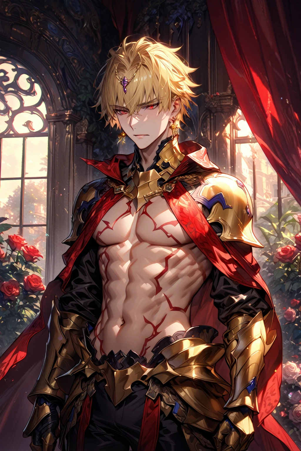 absurdres, highres, ultra detailed, HDR, master piece, Gilgamesh, blonde hair, expressive red eyes, toned chest, sexy man, best quality, Fate Grand Order, red marks on his chest, solo, fantasy, magical, sensual, glittering, accessories, golden gauntlets, red curtains, garden, roses, handsome, window, golden earrings, golden armor, red throne, adult face, luxurious, red cape, black pants