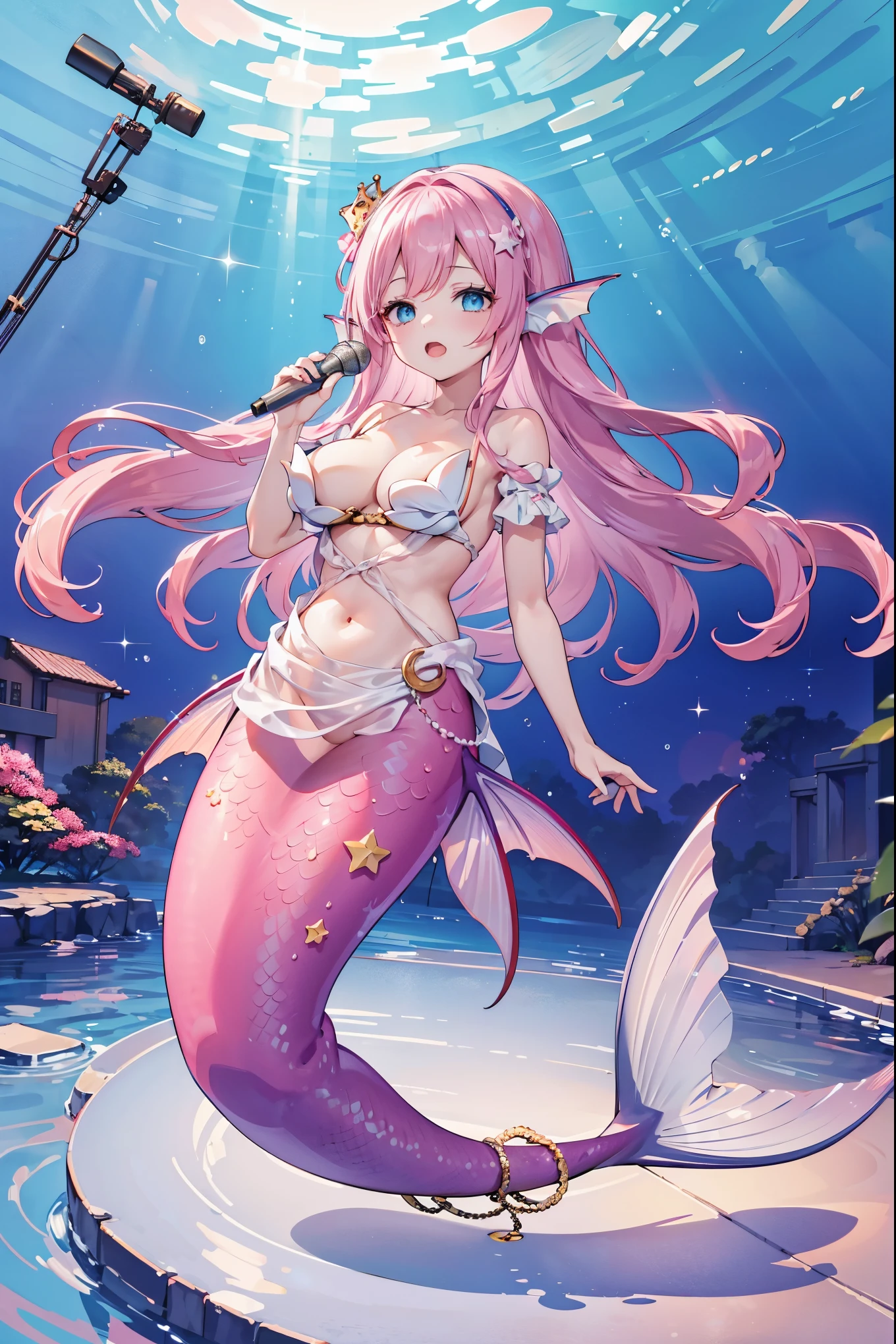 (masterpiece, Best quality),(Full fingers),A girl,Pink Hair,Hair accessories,Idol,Idol服,White Dress,Blue Eyes,Head fin,Solitary,Big breasts,Mermaid,粉色的Mermaid尾巴,Full body photo,(Underwater:1.2),charming face(Kawaii, charming,Soft),Open your mouth,Holding a microphone,