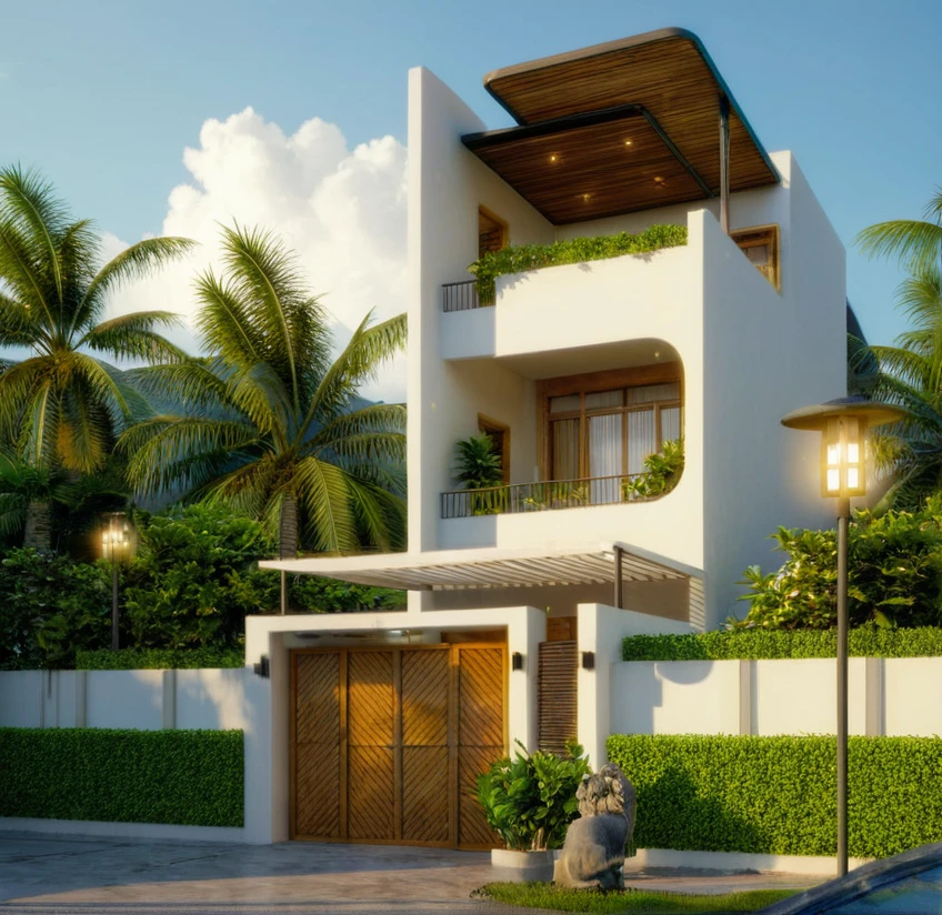 exterior of indochine villa, streetcapes, clear sky, few cloud, interior warm lighting, morning sunlight,minimalist landscaping, featuring lush greenery, textured walls, and natural materials. The villa is set under a blue sky with scattered clouds, casting soft shadows, photorealistic rendering with high realism, (RAW photo, masterpiece, best quality,ultra-detailed, extremely delicate and beautiful, highresolution, best shadow:1.1)