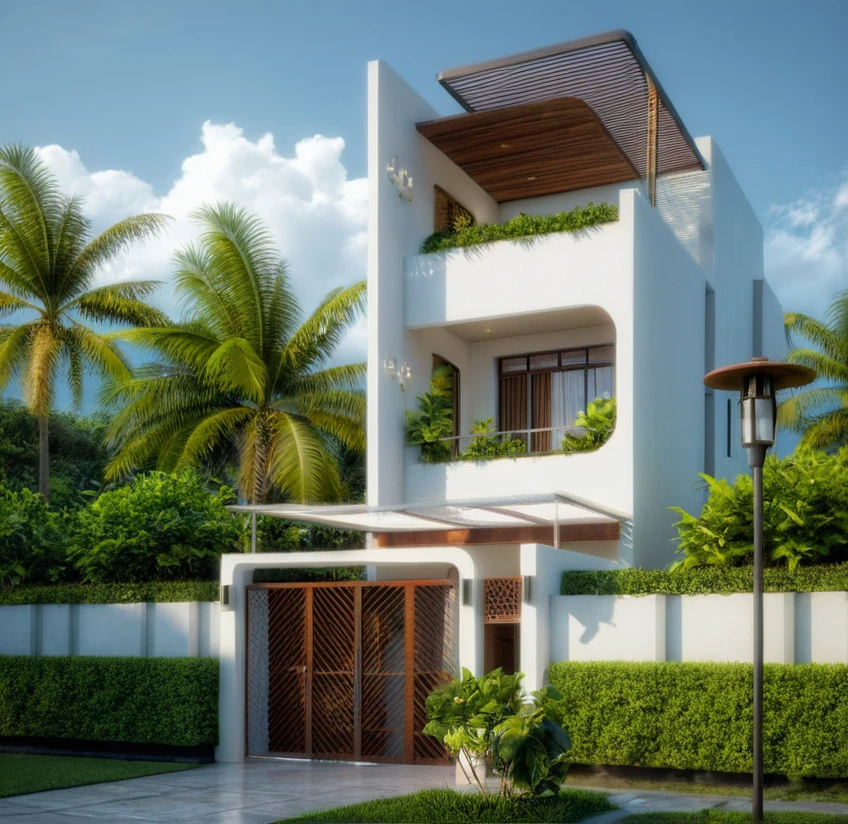 exterior of indochine villa, streetcapes, clear sky, few cloud, interior warm lighting, morning sunlight,minimalist landscaping, featuring lush greenery, textured walls, and natural materials. The villa is set under a blue sky with scattered clouds, casting soft shadows, photorealistic rendering with high realism, (RAW photo, masterpiece, best quality,ultra-detailed, extremely delicate and beautiful, highresolution, best shadow:1.1)