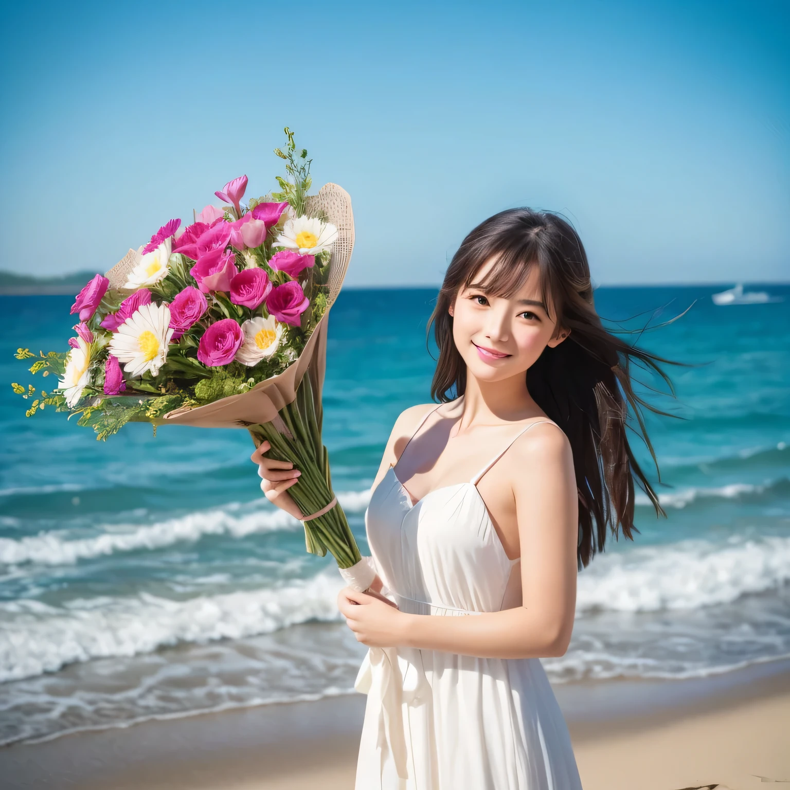 on the table, best quality, illustration,original photography,(((ultimate beauty portrait))),((sparkling skin)),1 girl,Super detailed, fine details, high resolution, 8k wallpaper, Perfect dynamic composition, Beautiful and delicate eyes,whole body摄影,show your whole body、collared shirt、long gray hair, Bold sexy pose,Smile,Harajuku、20 year old girl、huge :1.5、film grain、富士XT3 、shallow view deep、natural soft light、Kamimei,Look at the sexy shots of the camera, whole body, Rear view、Holding a bouquet of flowers、standing at the beach