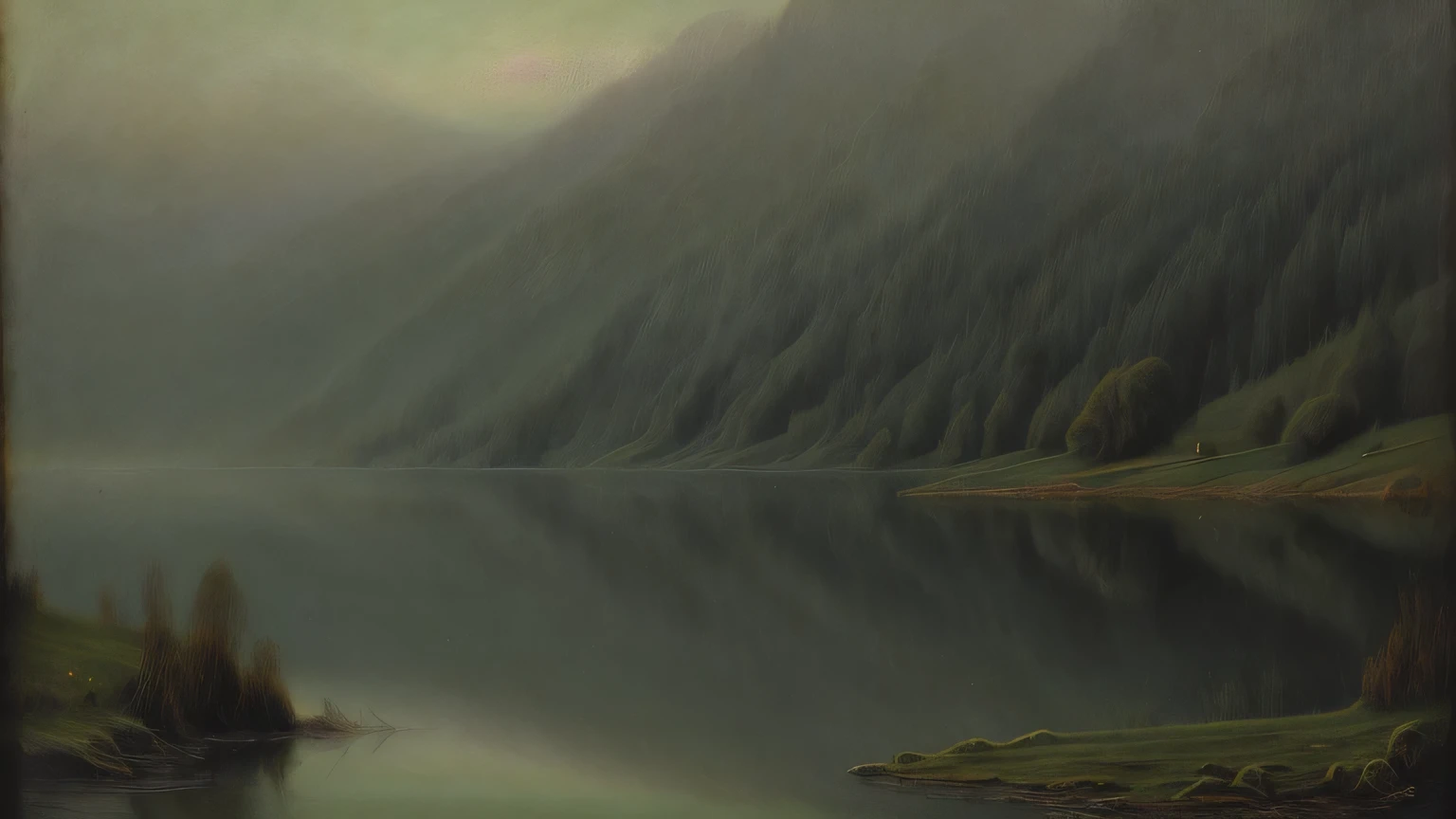 ancient landscape, ((Nobody)) vintage victorian style, Accurate ancient encyclopedia (best quality:1.2), (detailed:1.2), (Masterpiece:1.2), old illustrations of a calm lake, Luz outfit, fog on the lake, evening Luz outfit, Dark green tones, darkness