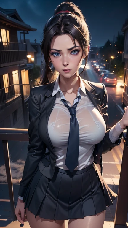 16K, HDR, RTX, raytracing, natural lighting, absurdres, best quality masterpiece, cowboy shot, perfect anatomy, highly detailed face, detailed eyes, 1girl, solo, wearing a business suit, white shirt, top button open, choker, long ponytail, extreme beautiful, edgy, cool, windy, glowing eyes, serious expressions, detailed office background, skyscrapers, award winning, neon lights, trending on art station, police, detective