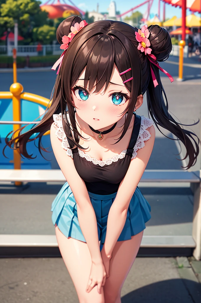 A beautiful girl in a short skirt with suspenders and a low-cut T-shirt standing on a balcony, cute hairstyles, lots of lace and ribbons, Cute Checkered Pleated , White stockings, (amusement park in the background:1.3), Looking up, Shot from above, (Zoom in:1.2), (leaning on the balcony railing), big rounds , dark brown hair, long bangs, blue inner bangs, double bun, long hair, twintails, wavy hair, hair intakes, expressive hair, shiny hair, hairclip, hair ribbon, flower choker, butterfly hair ornament, aqua eyes, glowing eyes, pupils sparkling, longeyelashes, heart earrings, shy, blush, expressions, puckered lips, glossy lips, whole body, high detail, anime, anime style, depth of field, cinematic lighting, glowing light, dithering, image fill, pov, multiple views, perspective, Wide-Angle, Ultra-Wide Angle, f/2.8, 85mm, Nikon, 8k, super detail, UHD, retina, masterpiece, accurate, anatomically correct, textured skin, high details, best quality, highres, 16k