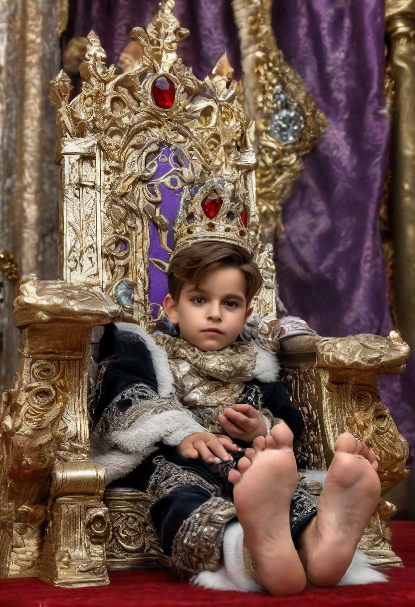 A  prince on a throne, beautiful detailed feet soles, highly intricate ornate throne, elaborate golden decorations, regal elegant pose, (best quality,4k,8k,highres,masterpiece:1.2),ultra-detailed,(realistic,photorealistic,photo-realistic:1.37),HDR,UHD,studio lighting,extreme detail description,professional,vivid colors,portrait,fantasy,cinematic lighting