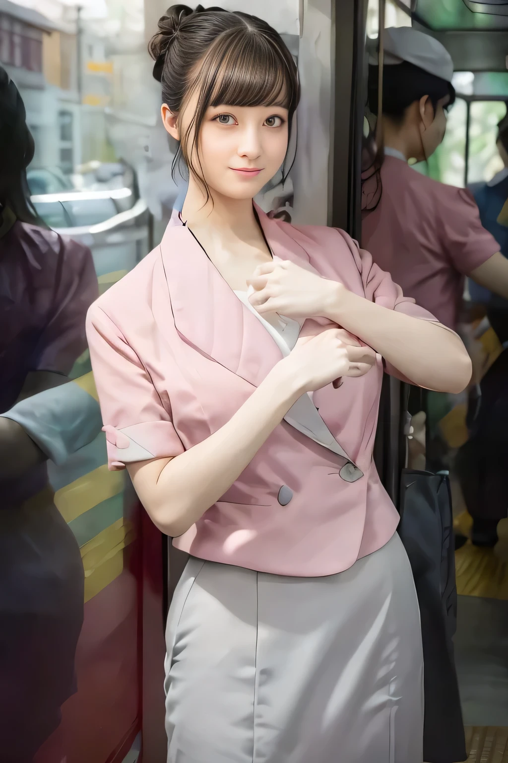 (masterpiece:1.2, Best Quality:1.2), 32kHDR, High resolution, (Alone、1 girl)、（Rooftop of a building during the day、Professional Lighting）、Building rooftop background、（Nankai train crew uniform pinkを着たリアルスタイル）、（Nankai Electric Railway crew uniform, pink, Short sleeve, Collarless, pink jacket、Nankai Electric Railway crew uniform pink no-collar short-sleeve blouse、Nankai Electric Railway crew uniform pink grey knee-length culottes）、（（The bottom of the pink short-sleeved jacket cannot be tucked into the clay-colored culottes..））、Dark Brown Hair、（Hair tied up、Hair Bun、Hair Bun）、Dark Brown Hair、Long Hit、Big Breasts、Thin legs、（（Great hands：2.0）），（（Harmonious body proportions：1.5）），（（Normal limbs：2.0）），（（Normal finger：2.0）），（（Delicate eyes：2.0）），（（Normal eyes：2.0））)、smile、（Nankai Electric Railway crew uniform pink grey knee-length culottesを見せた美しい立ち姿） 、Hands clasped underneath