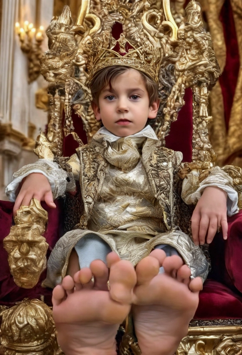 A child prince on a throne, beautiful detailed feet soles, highly intricate ornate throne, elaborate golden decorations, regal elegant pose, (best quality,4k,8k,highres,masterpiece:1.2),ultra-detailed,(realistic,photorealistic,photo-realistic:1.37),HDR,UHD,studio lighting,extreme detail description,professional,vivid colors,portrait,fantasy,cinematic lighting