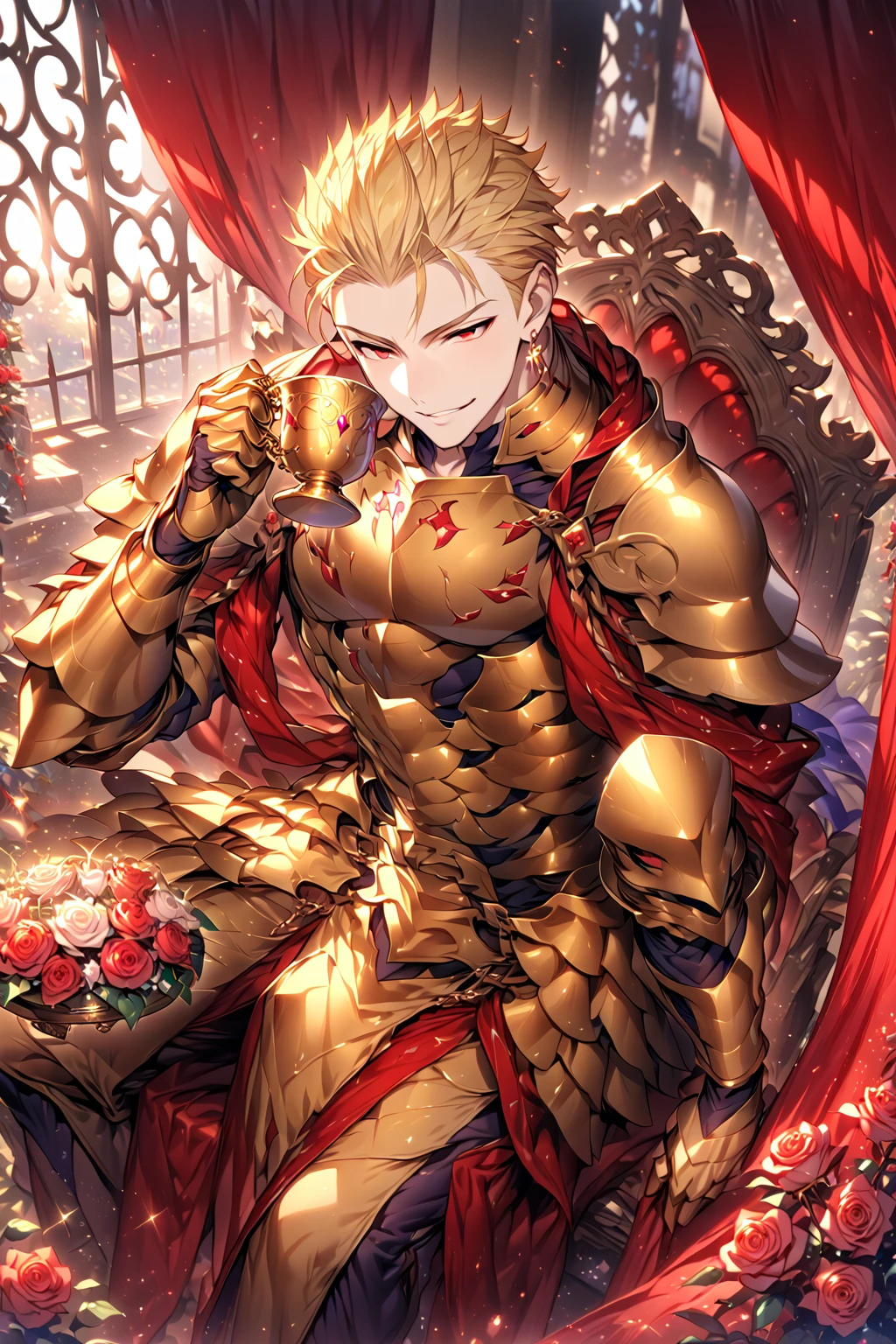 absurdres, highres, ultra detailed, HDR, master piece, Gilgamesh, blonde hair, slicked back hair, expressive red eyes, sexy man holding a golden a cup, best quality, Fate Stay Night, solo, fantasy, magical, sensual, glittering, accessories, golden gauntlets, red curtains, garden, roses, handsome, window, golden earrings, golden armor, red throne, adult face, luxurious, handsome smile, manly man