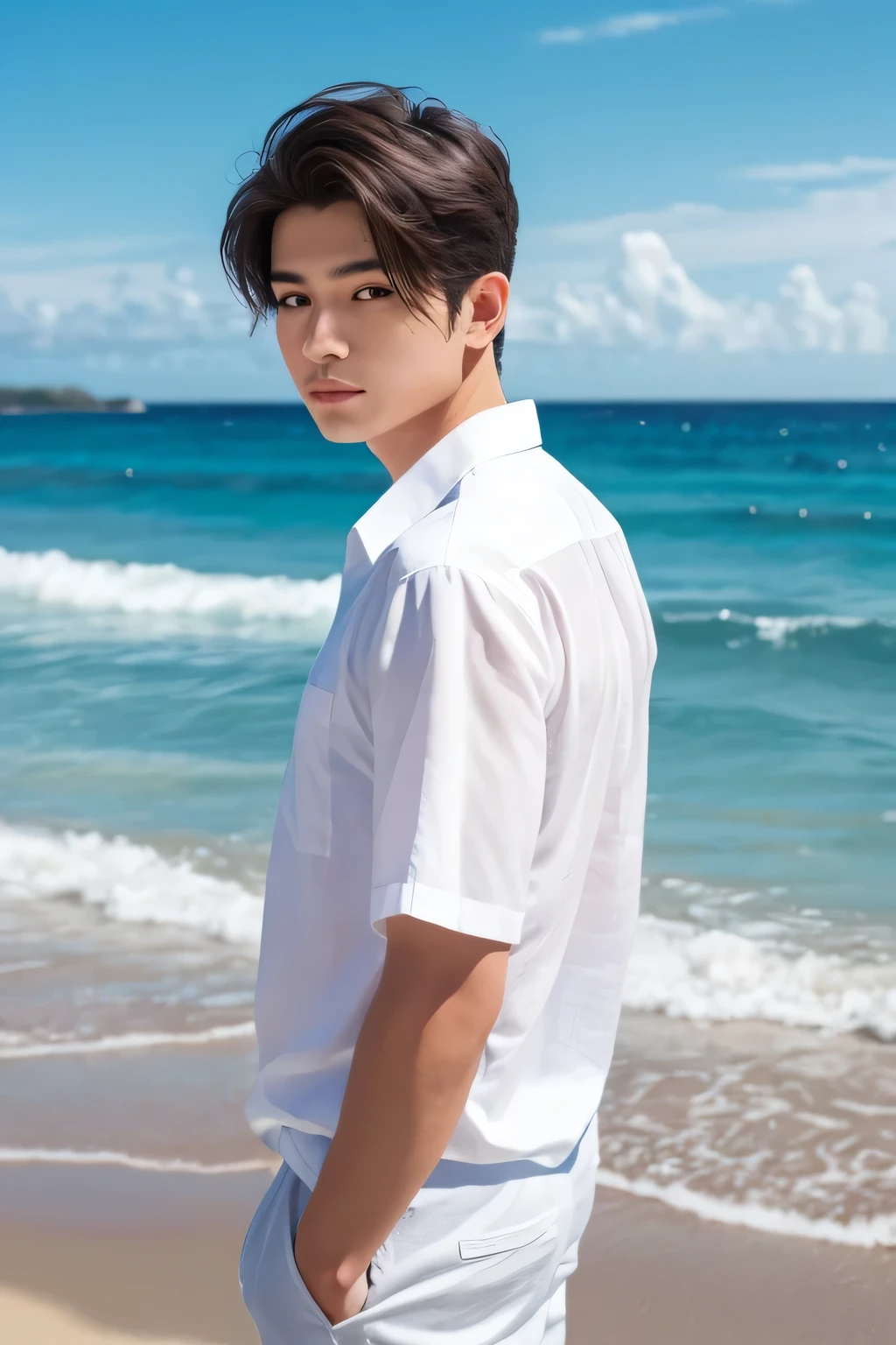A young man in a shirt stood by the sea with a serious expression., looking into the distance,Eyebrows frowned.,He looked worried.,Turn your head slightly.,Cloudy day