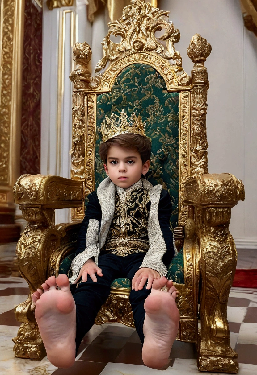 A child prince on a throne, beautiful detailed feet soles, highly intricate ornate throne, elaborate golden decorations, regal elegant pose, (best quality,4k,8k,highres,masterpiece:1.2),ultra-detailed,(realistic,photorealistic,photo-realistic:1.37),HDR,UHD,studio lighting,extreme detail description,professional,vivid colors,portrait,fantasy,cinematic lighting