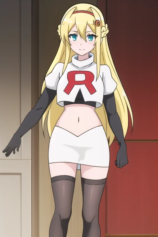 8k, masterpiece,highres, team rocket uniform, red letter r, white skirt,white crop top,black thigh-high boots, black elbow gloves, smiling, looking down at viewer, hands on hips, cowboy shot, zettai ryouiki,from below, black panties,anime style, vivid colors, sharp focus, intense lighting,mireille,long hair,blond hair,green eyes, trails to azure