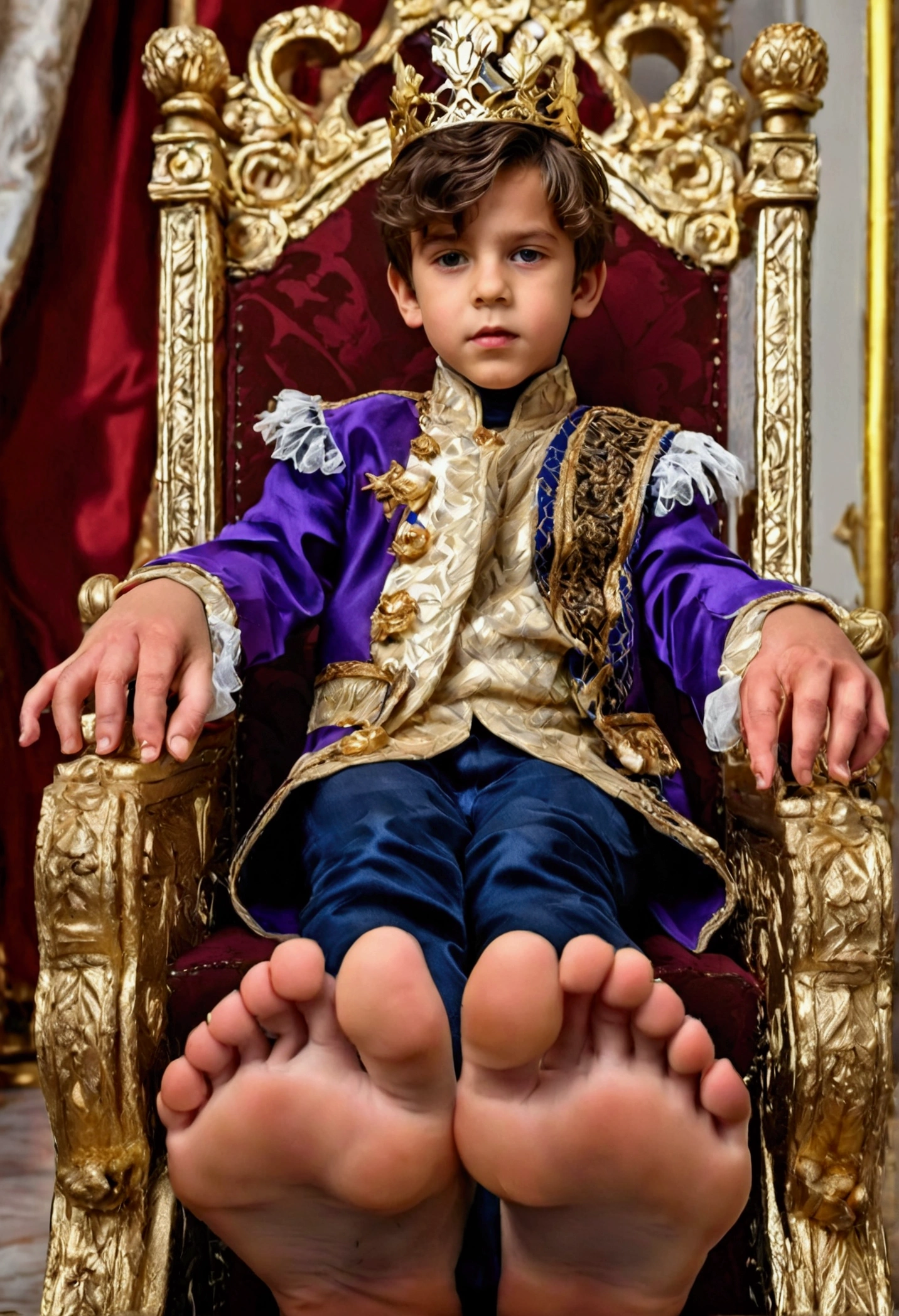 A child prince on a throne, beautiful detailed feet soles, highly intricate ornate throne, elaborate golden decorations, regal elegant pose, (best quality,4k,8k,highres,masterpiece:1.2),ultra-detailed,(realistic,photorealistic,photo-realistic:1.37),HDR,UHD,studio lighting,extreme detail description,professional,vivid colors,portrait,fantasy,cinematic lighting