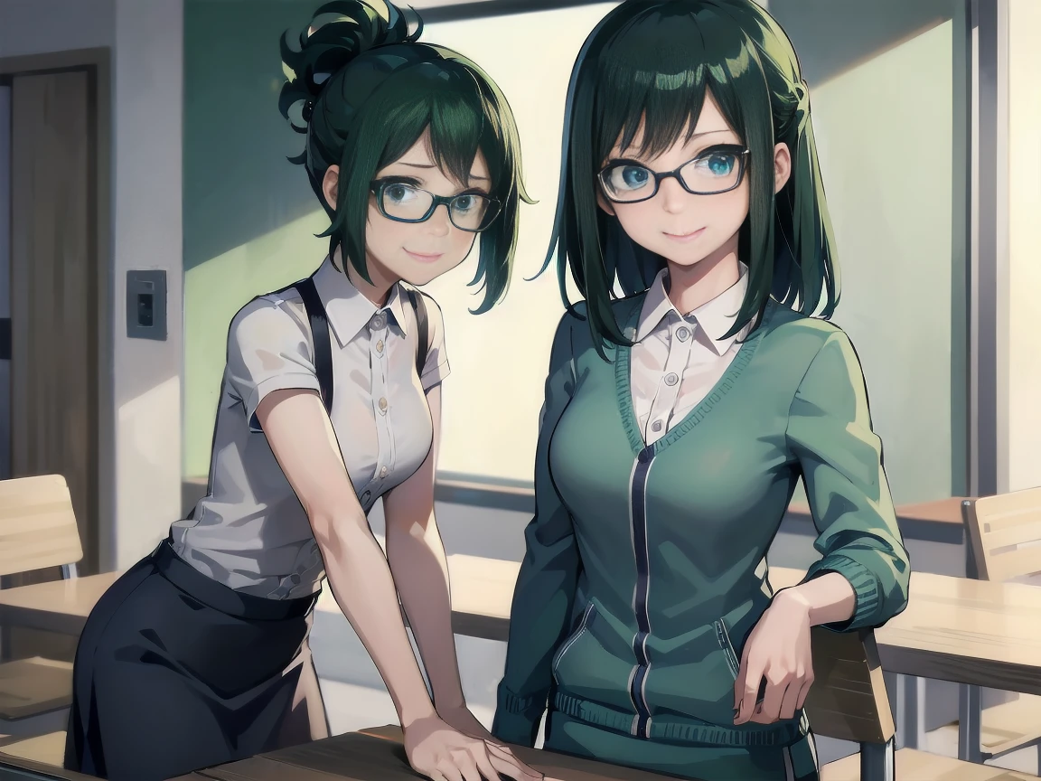 _details:-1, _details:0, _details:0.5, _details:1, _details:1.5, Young (Boku no Hero Academia), green hair, short hair, uniform yes UA, slim style glasses, pale skin, simple smile, water blue eyes, sign on the lower right lip, gray walls, Chairs, tables, people, cafeteria