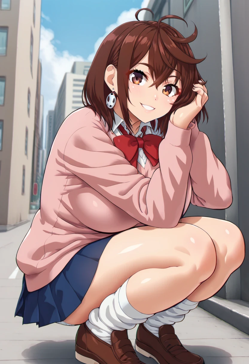 score_9, score_7_up, source_anime,  ayase_wz, medium hair, brown hair, brown eyes, large breasts, chocker, red bowtie, , pink cardigan, long cardigan,  long sleeves, blue skirt, pleated skirt, school uniform, earrings, collared shirt, white shirt, alternate costume, loose socks, white socks, squatting, white panties, brown footwear, shoes, smile, adjusting hair, city, street, cityscape, dd \(ijigendd\), looking at viewer, rating_questionable