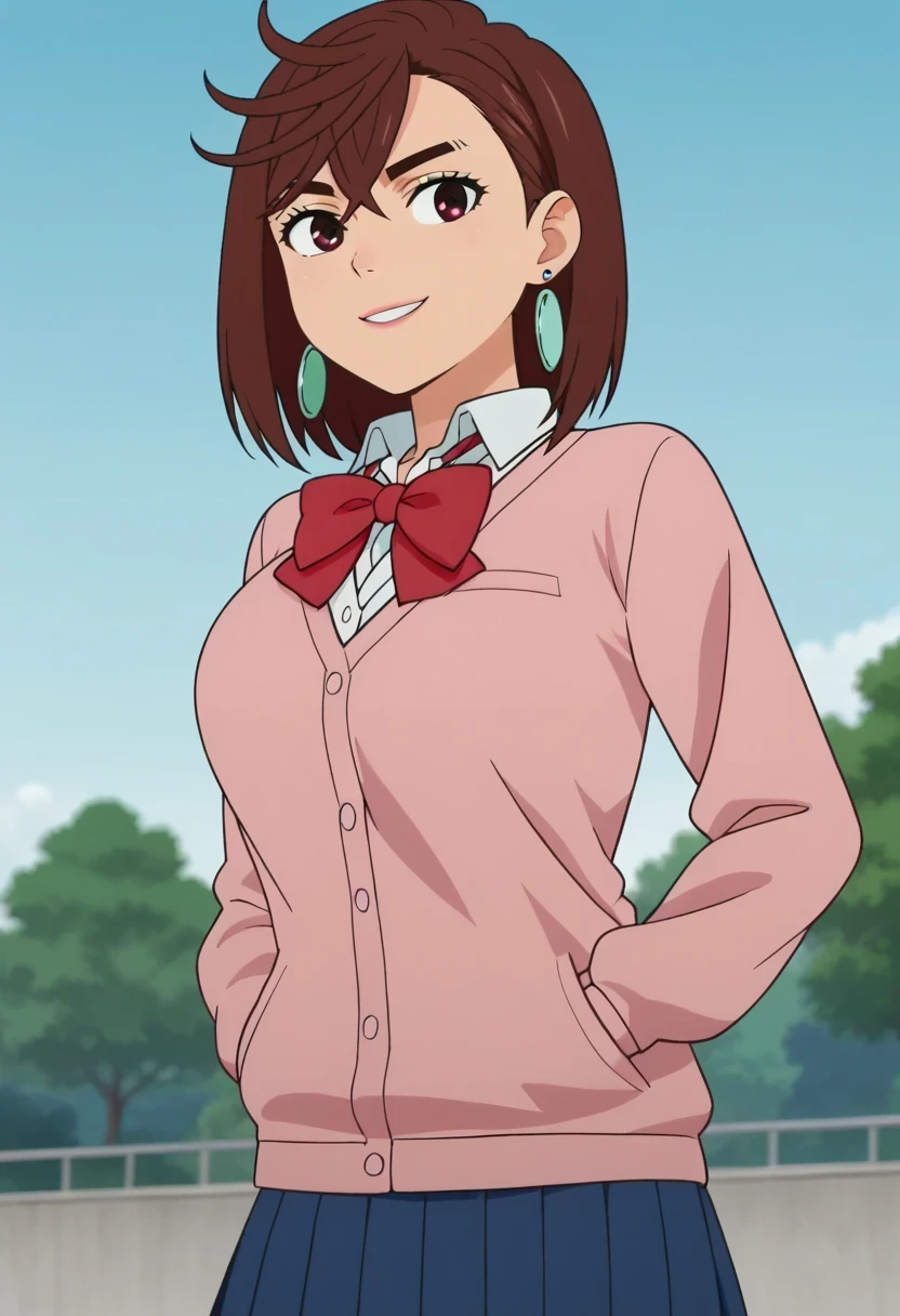 score_9, score_7_up, source_anime,  ayase_wz, medium hair, brown hair, brown eyes, large breasts, chocker, red bowtie , pink cardigan, long cardigan,  long sleeves, blue skirt, pleated skirt, school uniform, earrings, collared shirt, white shirt, alternate costume, loose socks, white socks, standing, looking at viewer, smile, outdoors, blue sky, school, serious, hand in pocket, looking to the side, standing,  fine anime screencap_xl, anime_screencap, anime coloring