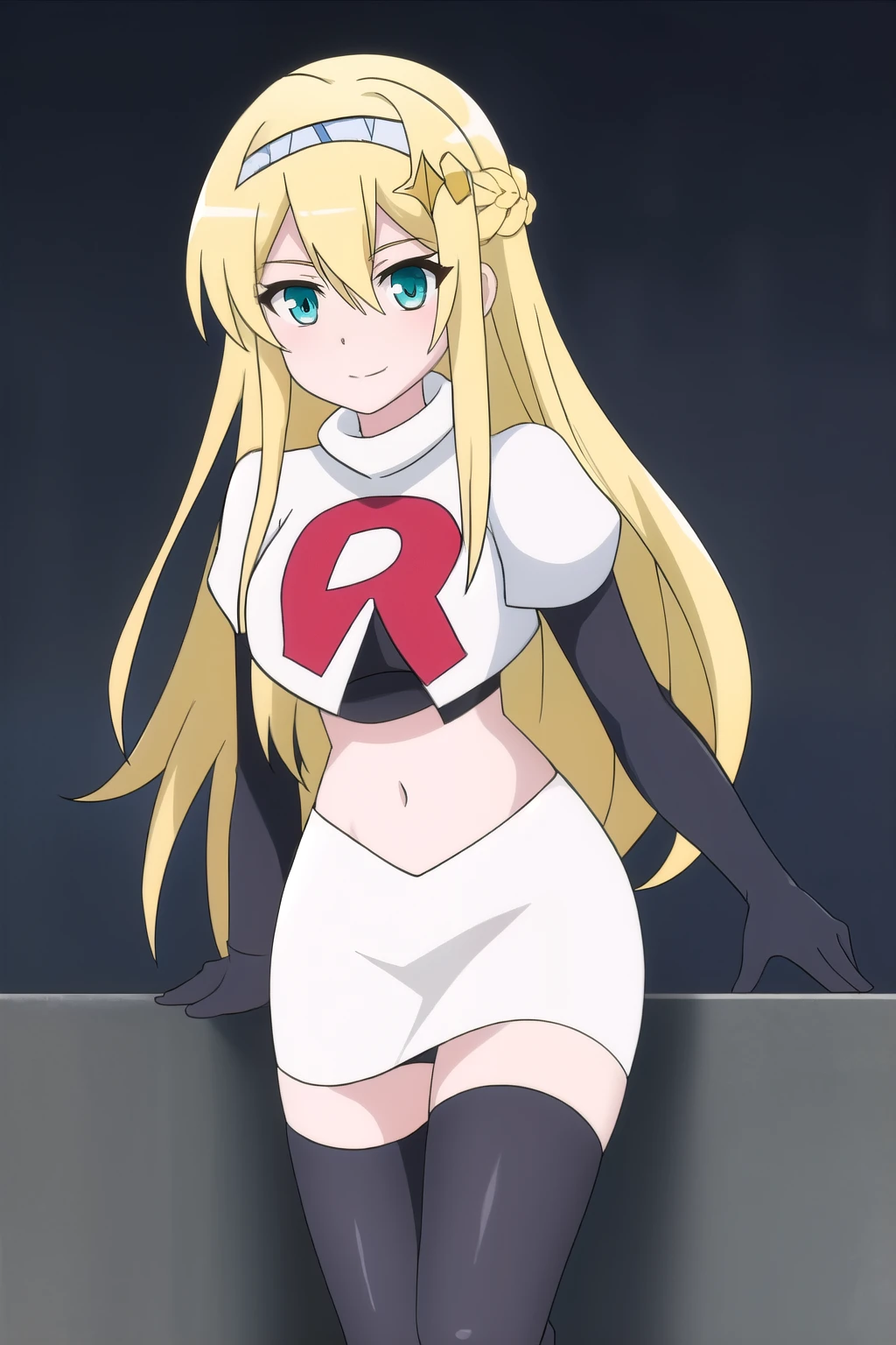 hildegard, solo, long_hair, looking_at_viewer, bangs, blue_eyes, blonde_hair, hair_ornament, bow, ribbon, hair_between_eyes, very_long_hair, hair_ribbon, braid, hair_bow, sidelocks, hairband, hairclip, aqua_eyes, white_hairband, team rocket,team rocket uniform,white skirt,red letter R,crop top,black thigh-highs,black elbow gloves