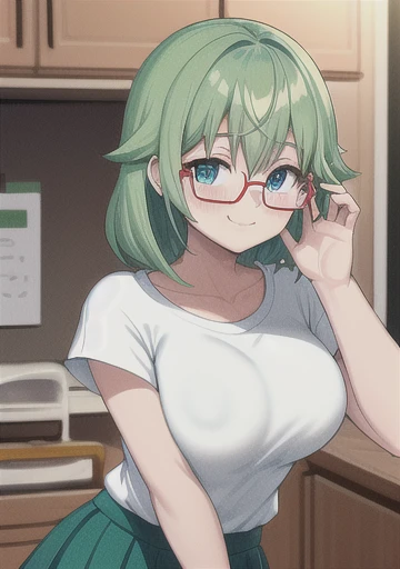 1 , water blue eyes, slim style glasses, light green sweater, shirt, smile, in a blue skirt, inside the house, sign on the lower right lip, light green hair, blushing cheeks
