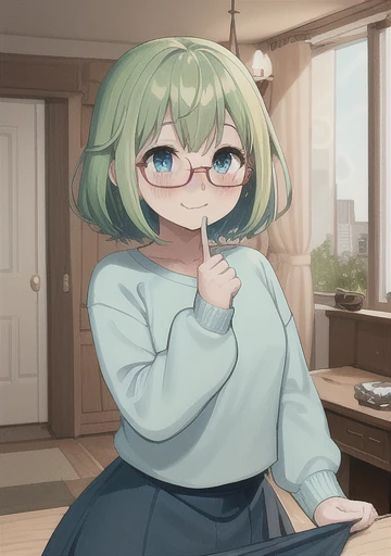 1 , water blue eyes, slim style glasses, light green sweater, shirt, smile, in a blue skirt, inside the house, sign on the lower right lip, light green hair, blushing cheeks
