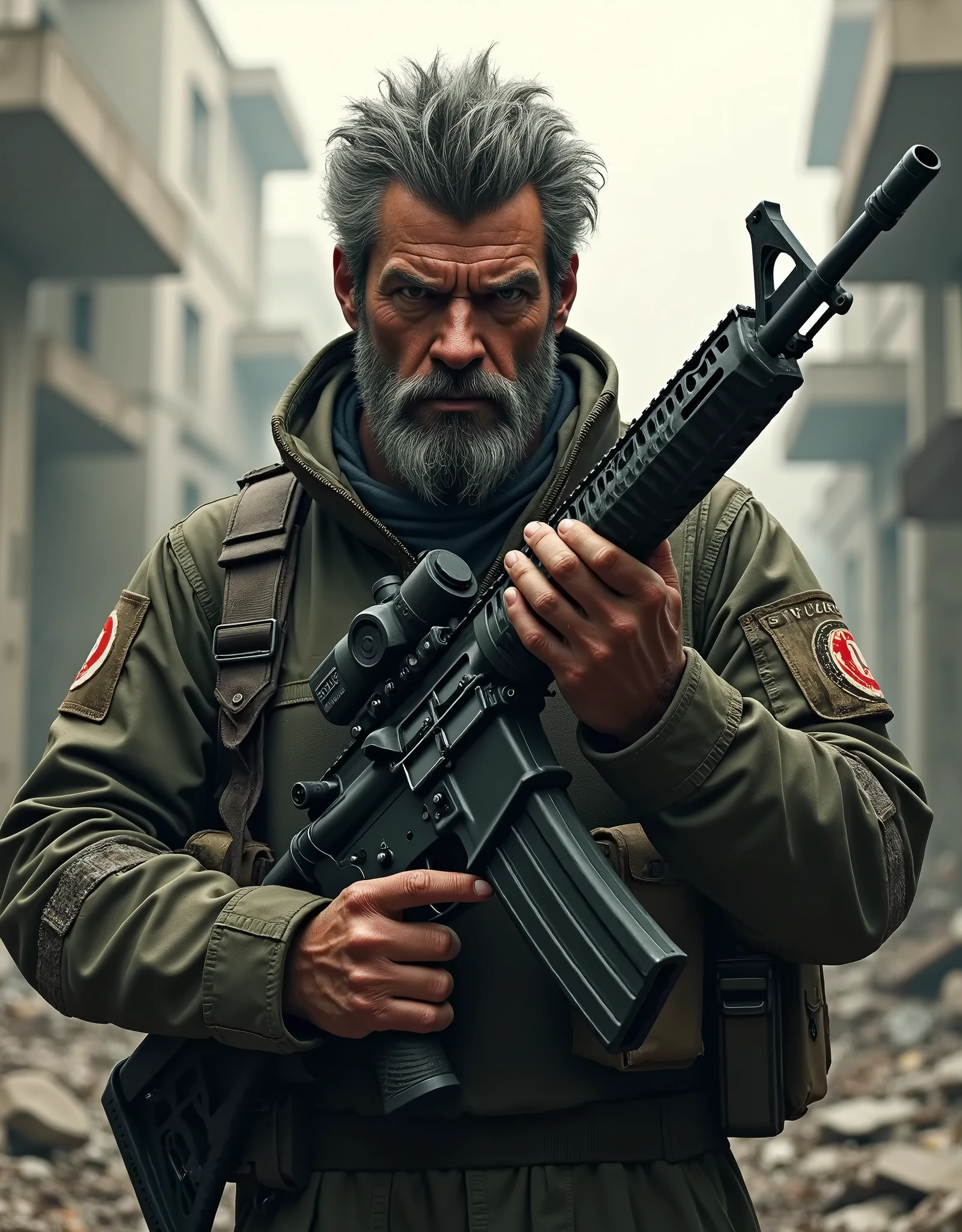 Russian, Young Military, Muscular, Tall, Uniform, Shaved Head, Beard, Angry, Screaming
red eyes without pupil, Holding a rifle in the snow, dark colors, old buildings, apocalyptic powder,Realistic, Full HD, best quality