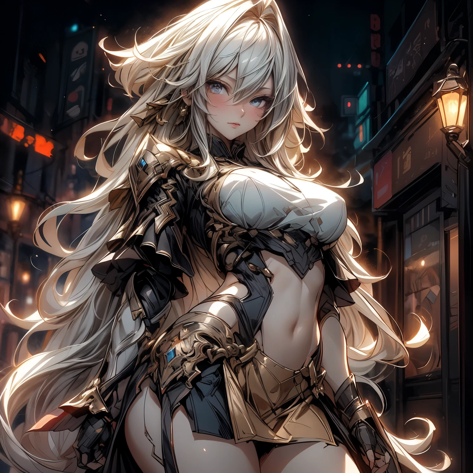 fantasy, 1angel_girl,child, loli,brown_hair, medium_bob_hair, long_bangs, halo,bare_shoulder,thighhighs,silver_armor, waist_armor, large_breasts,grinning,teeth, 1pair_wings, dynamic_pose_fighting,floating, bare_crotch, headgear,gauntlet, greaves,city_sky_background,slightly_spread_legs, solo, groin_naked