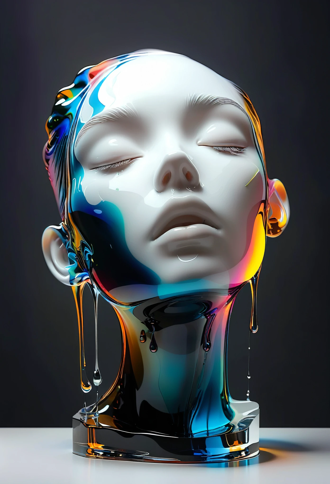 graphic design，Big black canvas，Sense of space，White Space，1 colored glass transparent 3D portrait sculpture，Bottom flow melting，Facial Luminescence Line，simple，minimalism，cute little monster，Soft and elegant colors，，Dark background，Luminescence