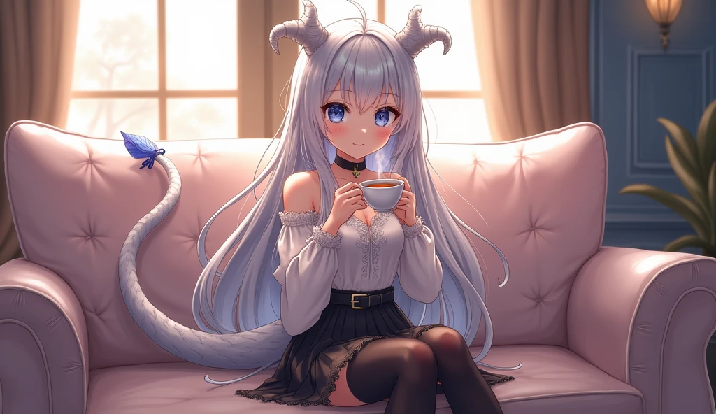 Anime dragon girl, with light blue eyes, White hair, she is  sitting on her Sofa  he is drinking tea, the clothes she is wearing are a black skirt and black stockings, slight blush, slight smile, slimWaist, petite body, highly detailed beautiful skin, Body facing camera