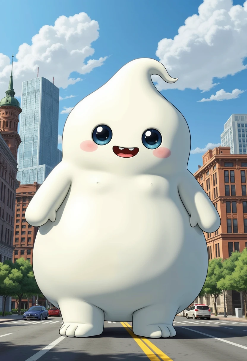 kids-style, A whimsical cityscape scene featuring a gigantic, soft, and cuddly foam monster, reminiscent of a kids' plaything, dominating the urban landscape. The monster's massive, puffy body is a brilliant white color, with a trail of bubbles floating upwards from its rear end. In the background, towering skyscrapers and bustling streets are dwarfed by the monster's enormous size.