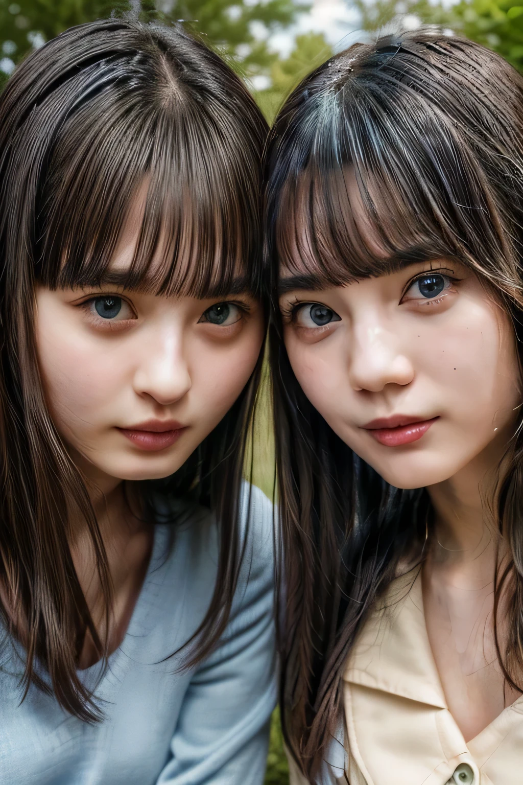 (realistic, photo-realistic:1.37), (best quality, masterpiece:1.2), RAW photo, high resolution, intricate details, extremely detailed, sharp focus, ((portrait,face focus, frontal photography)), looking at the viewer, (couple, 2girls:1.8), Japanese young women, (2girls sitting on a ground, close to each, nearby:1.2), (blouse,skirt:1.2), dark hair, (straight hair, blunt bangs:1.3), (flat chest:1.5), (detailed face, beautiful detailed eyes, beautiful dark brown pupils, sophisticated nose), pale skin, fine-textured skin,, photo background, outdoors, large park, blue sky and clouds,,