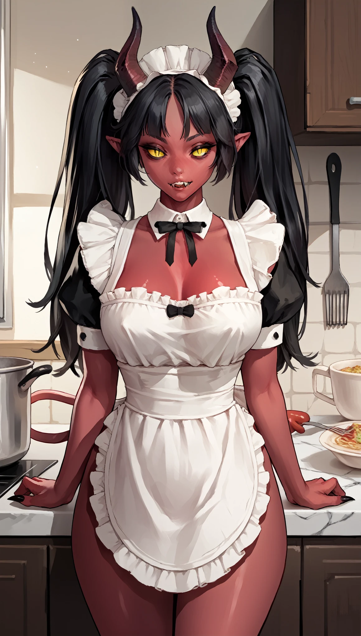 Beautiful picture), (Masterpiece), ((((Solo)))), ((big breasts)), (curvy), (sexually suggestive), (wearing latex bunny suit), perfect hands, sexy legs, (pouting), (bored), (holding a tray of food), (stockings), (demon horns), at a restaurant, (tight clothes),