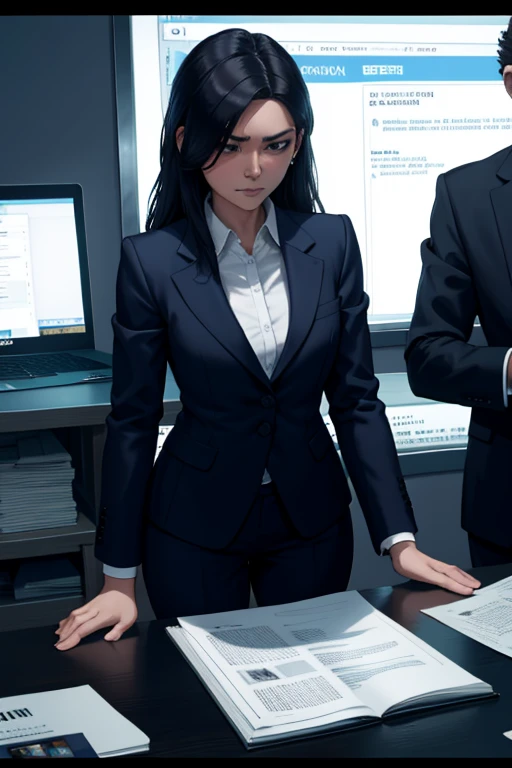 a woman in a business suit caught by her boss looking at inappropriate videos on a laptop, embarrassed expression on her face, cinematic dramatic lighting, photorealistic, ultra-detailed, 8k, high quality