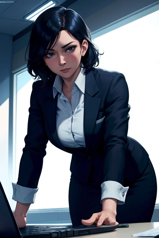 a woman in a business suit caught by her boss looking at inappropriate videos on a laptop, embarrassed expression on her face, cinematic dramatic lighting, photorealistic, ultra-detailed, 8k, high quality