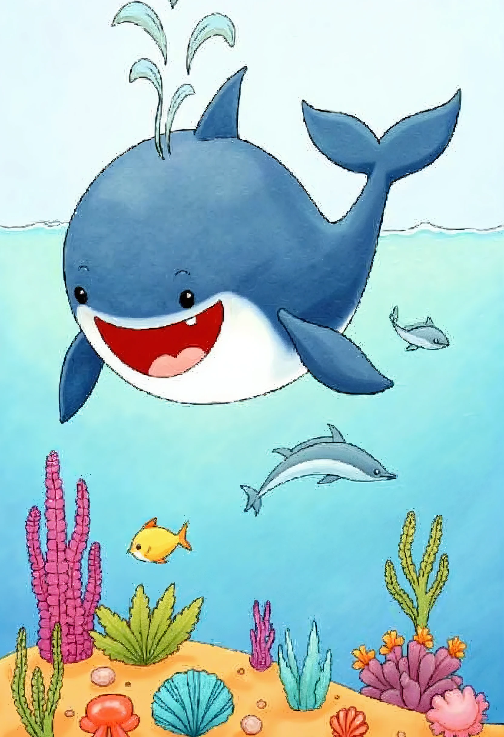 kids-style, a big, smiling whale splashing in the ocean, with dolphins and fish jumping out of the water, as colorful coral and seashells decorate the vibrant sea floor.