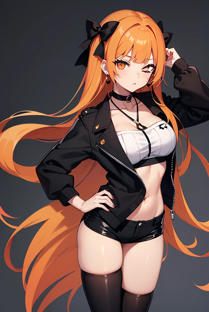 Make a girl with cat ears and a collar and short half-white, half-orange hair, handcuffed and trapped in only panties and showing her nipples with her legs open in handcuffs