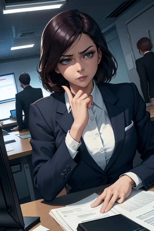 a woman in a business suit caught by her boss looking at inappropriate videos on a laptop, embarrassed expression on her face, cinematic dramatic lighting, photorealistic, ultra-detailed, 8k, high quality, realistic facial features, detailed hands and fingers, elegant office setting, dramatic angles, cinematic composition, dramatic shadows and highlights, high-end lighting setup