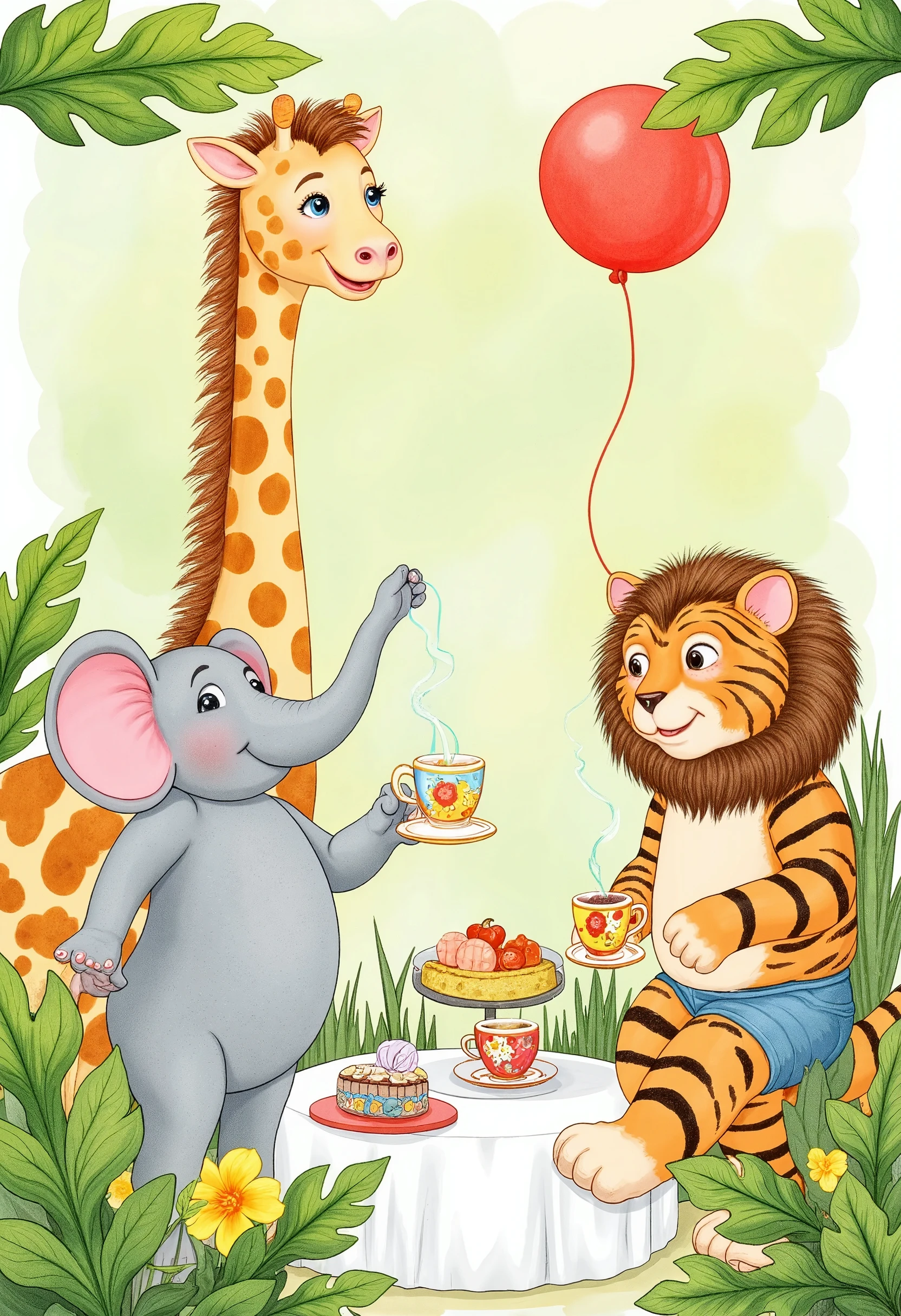 kids-style, a cheerful elephant, giraffe, and tiger having a tea party in a jungle, with vibrant green leaves surrounding their table of colorful teacups and treats.